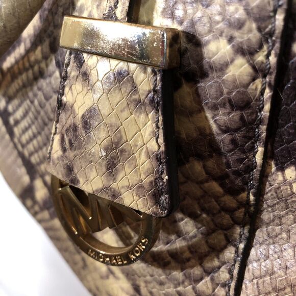 Michael Kors Riley Black Tan Beige Python Embossed Leather Satchel Crossbody - Picture 3 of 16